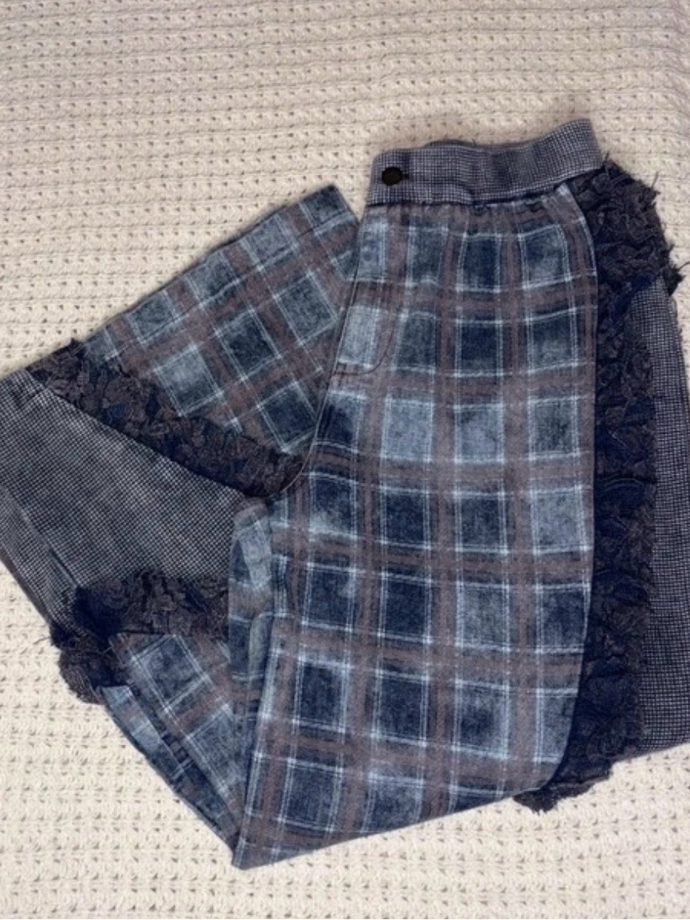 NWT POL wide leg denim pants in Blue and Brown with Lace Trim